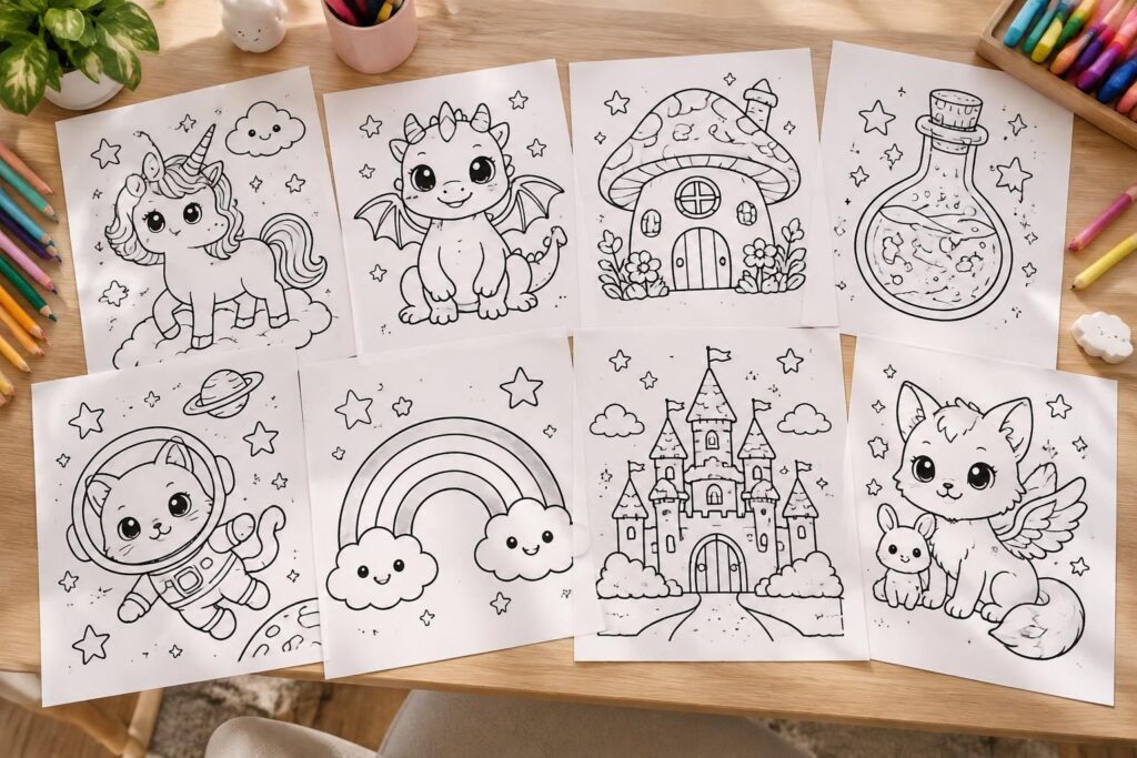 découvrez des idées variées de coloriages magiques et kawaii à imprimer : licornes, créatures adorables et univers enchantés à colorier.