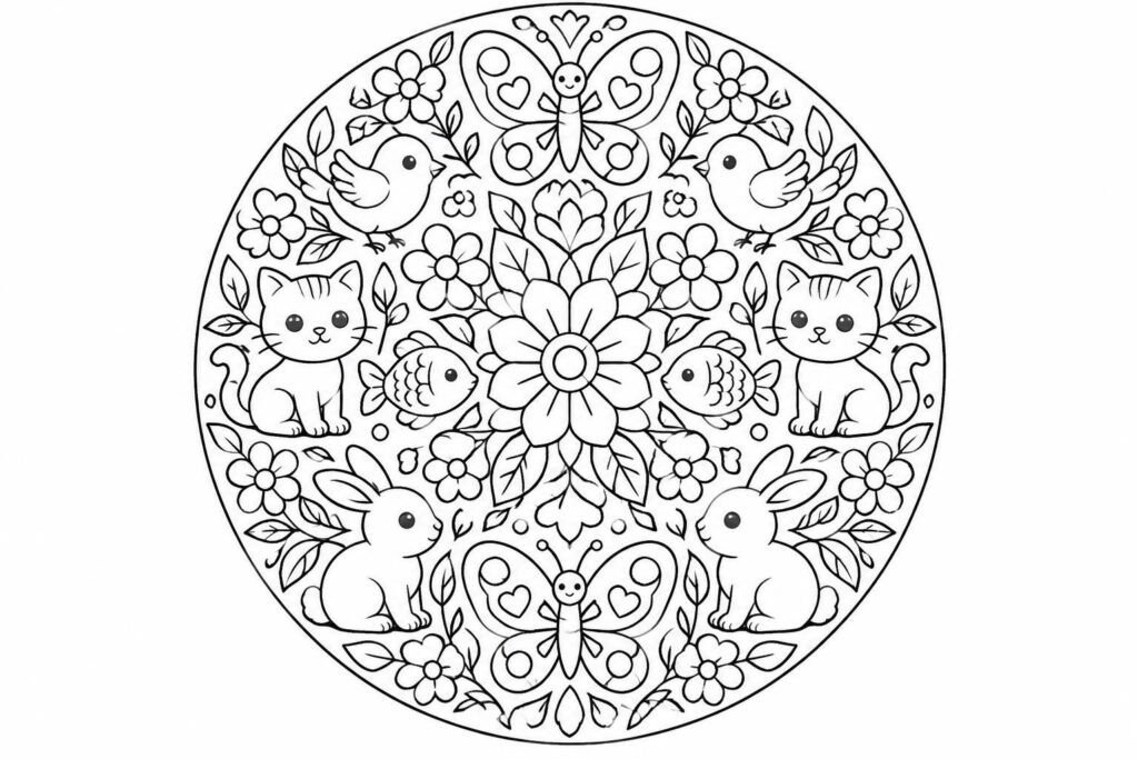 Coloriage mandala à imprimer pour enfants avec motifs animaux et fleurs